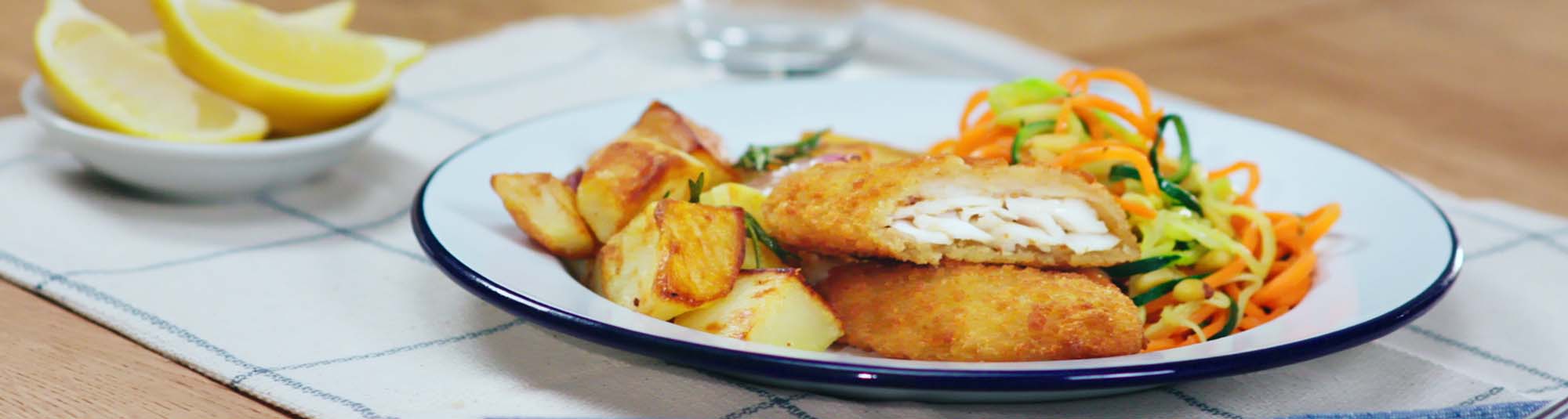Poisson pané aux spaghettis de légumes colorés et pommes de terre rôties 