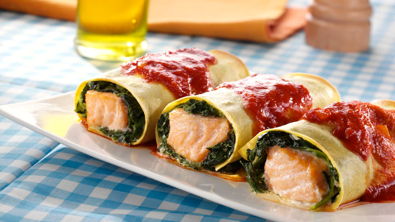 Canneloni met zalm, spinazie en ricotta