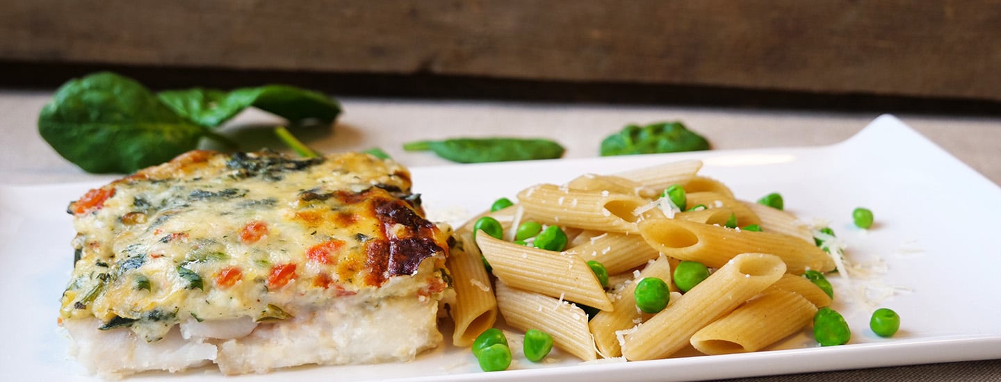 Visgratin spinazie met penne en erwten