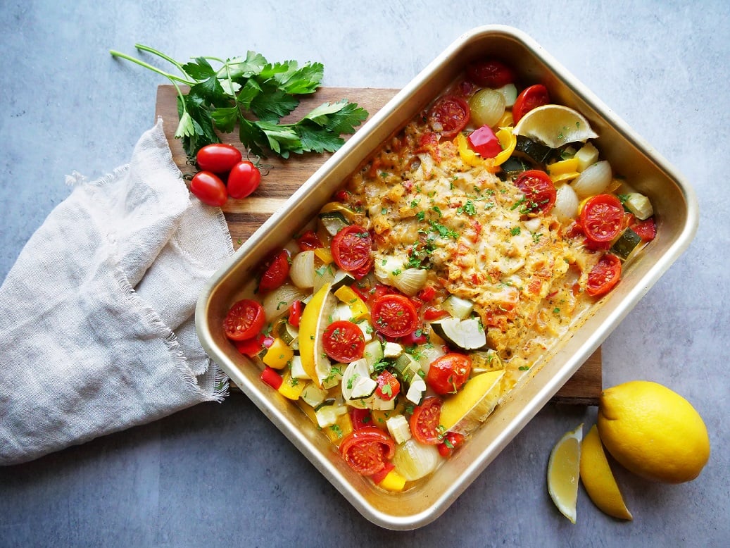 Tomaat & Mozzarella Visgratin met Gebakken Groenten