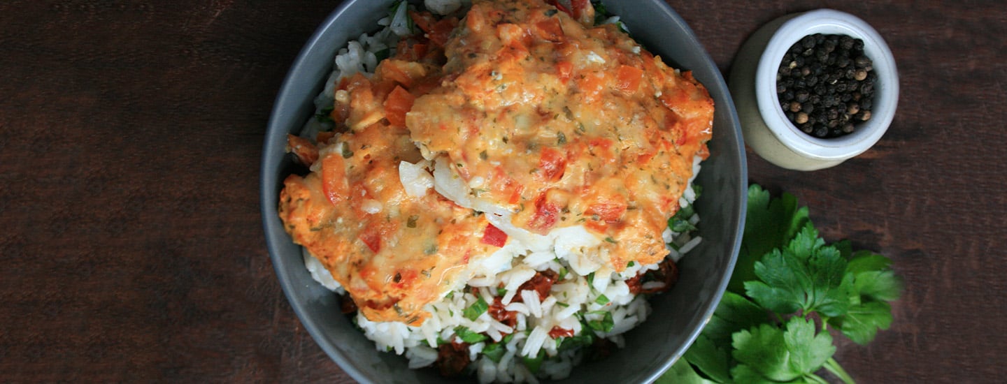 Visgratin tomaat mozzarella met rijst